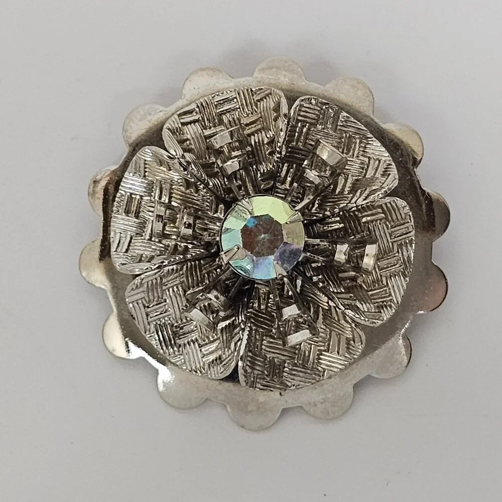 Vintage Scarf Clip‎ Silver Tone Flower Rhinestone AB Layered Textured Scalloped